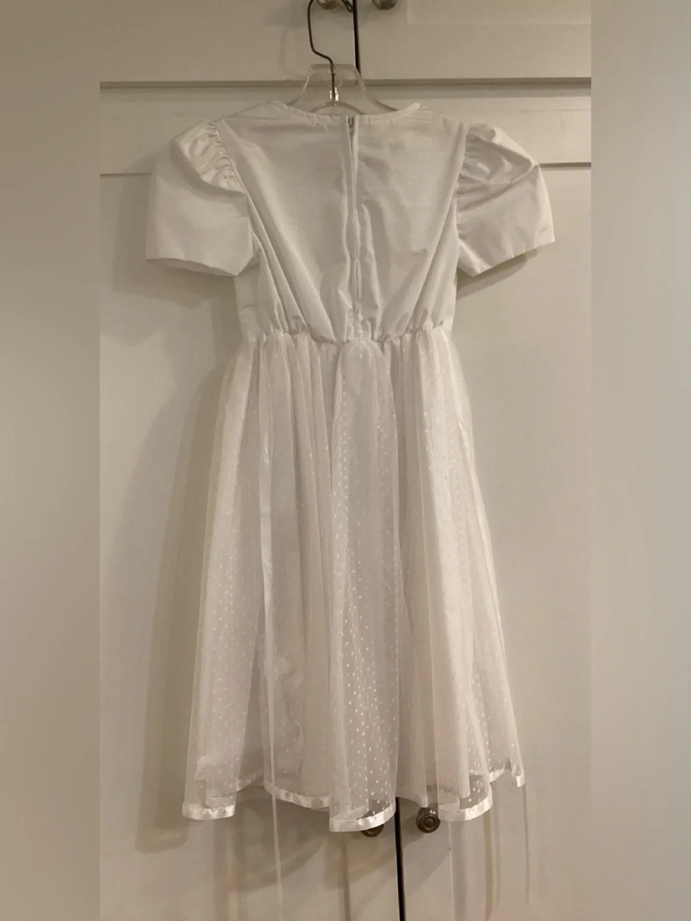 Bonnie Jean White Girls' Dress with Sheer Overlay and Satin Hem